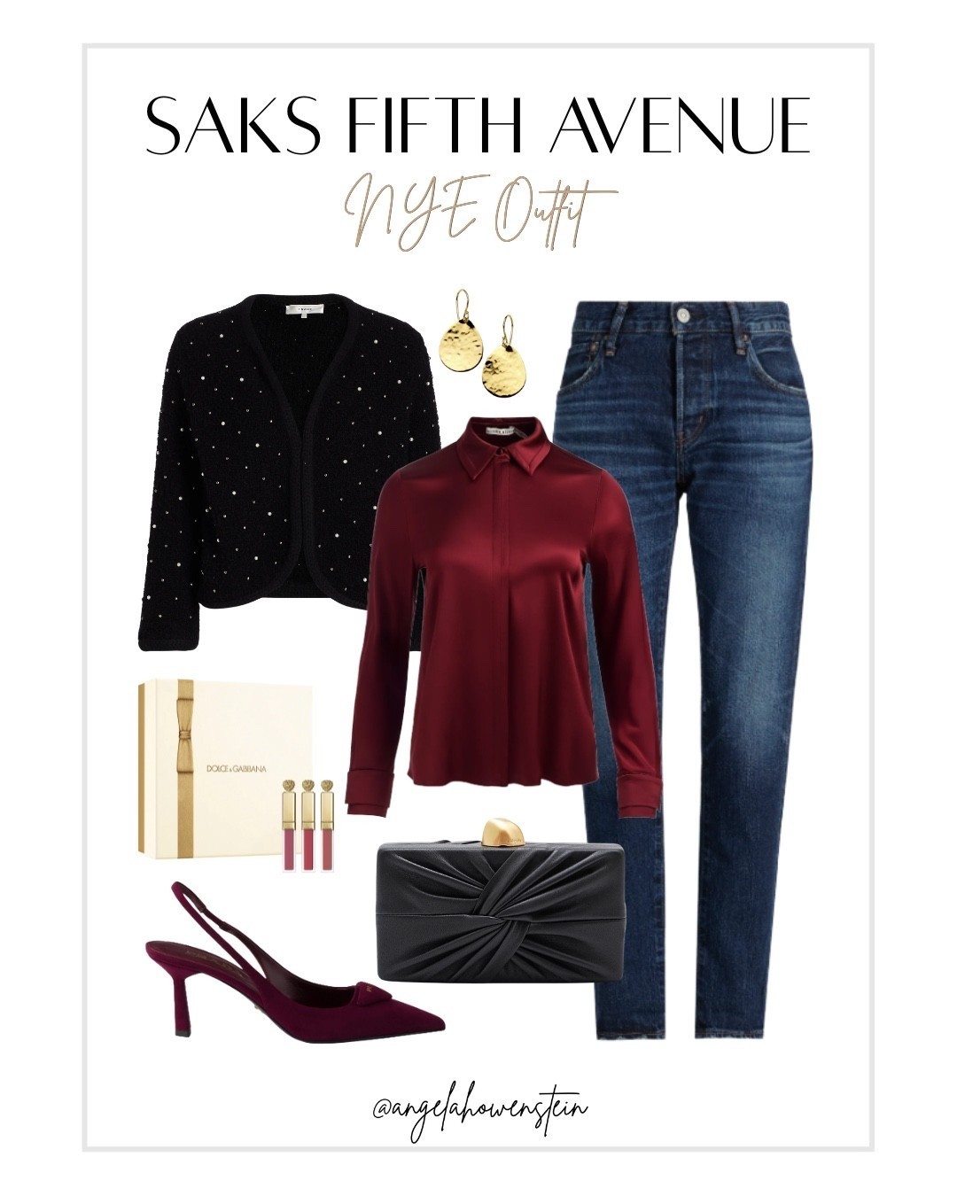 NYE outfit ideas from Saks ✨
Dressy but still comfortable — a silky blouse, classic denim, and heels you can actually wear all night. Easy to dress up, easy to wear again after the holidays. 

#LTKNYE #LTKStyle #LTKHoliday #LTKSale #SaksStyle #ClassicStyle #HolidayOutfit #EveningLook #CasualChic



#LTKootd #LTKOver40 #LTKHoliday