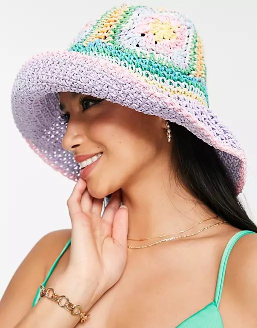 ASOS DESIGN crochet straw bucket hat in pastel with size adjuster | ASOS | ASOS (Global)