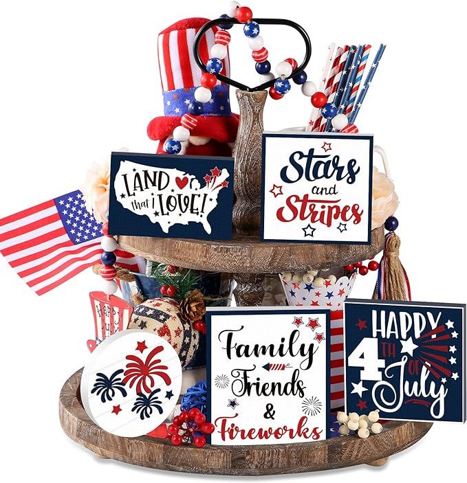 4th of July Tiered Tray Decor fourth of july Wooden Decorations Stars & Stripes Signs Patriotic D... | Amazon (US)