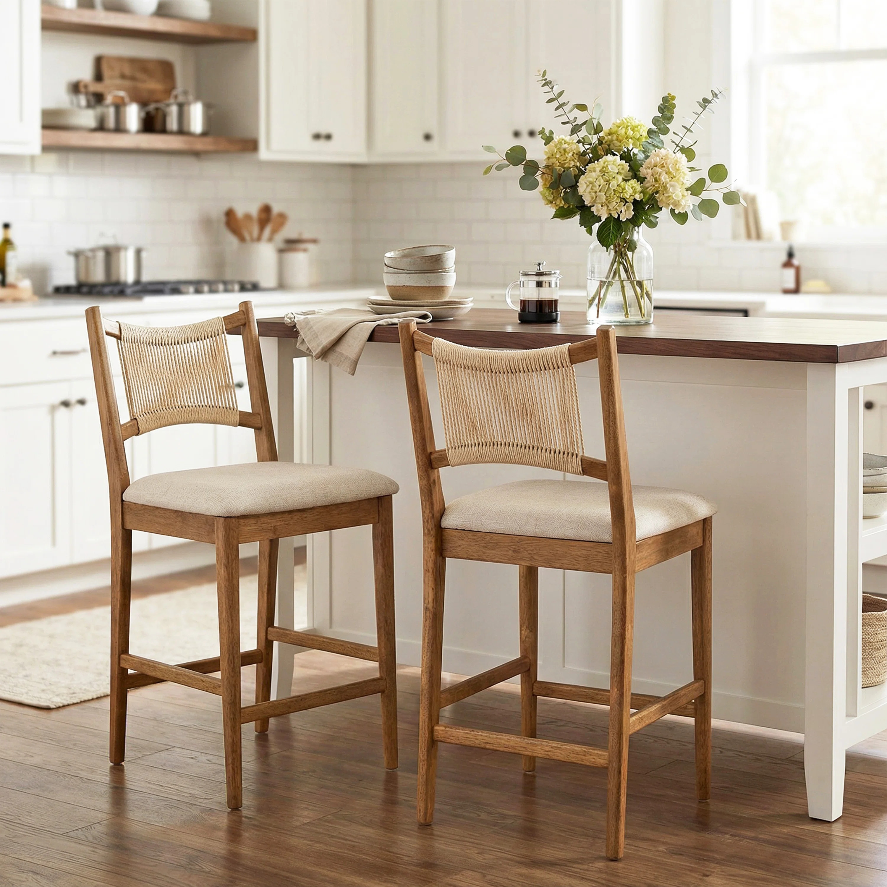 Viren Modern Urban Rubberwood Upholstered Counter Stool with Woven Backrest | Wayfair North America