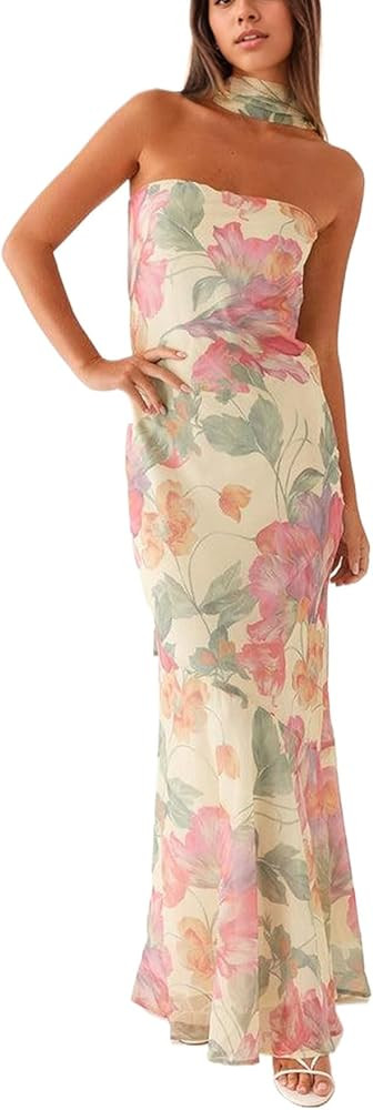 Women Floral Strapless Maxi Dress Sexy Backless Flowy Bodycon Tube Long Dress with Scarf | Amazon (US)