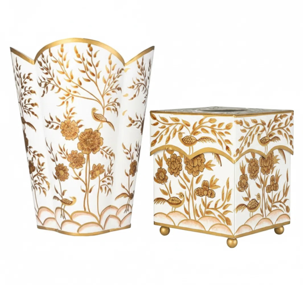 Ivory & Gold Pheasant Wastepaper Basket & Tissue Set (Set of 2) | Wayfair North America