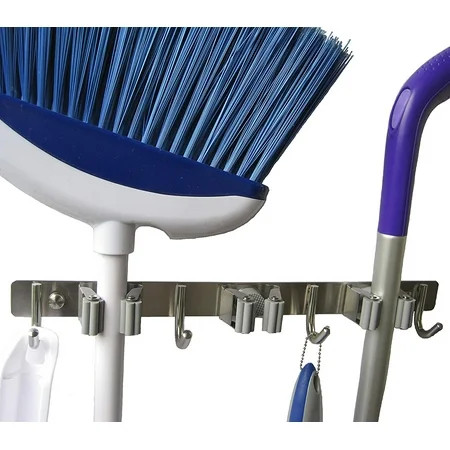 Wall Mount Broom Holder - Organizer Stainless Steel (3 Handle and 4 Hook) for Mop Dustpan Closet Too | Walmart (US)