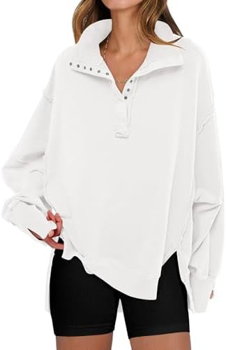 ANRABESS Women's Sweatshirts Oversized Casual Loose Button Up Henley Pullover Top High Low Split ... | Amazon (US)