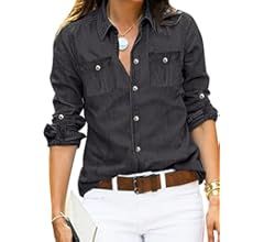 LookbookStore Women's Long Sleeve Collared Shirt Button Down Denim Blouse Tops | Amazon (US)