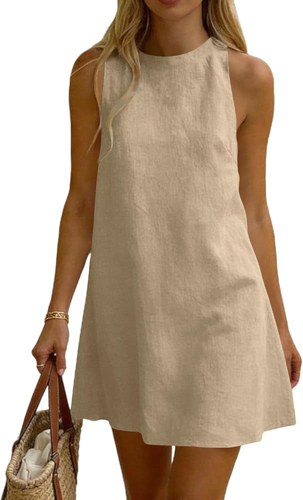 Linen Shift Dress for Women, Cotton Linen Sleeveless A Line Mini Dress, Casual Round Neck Loose S... | Amazon (US)