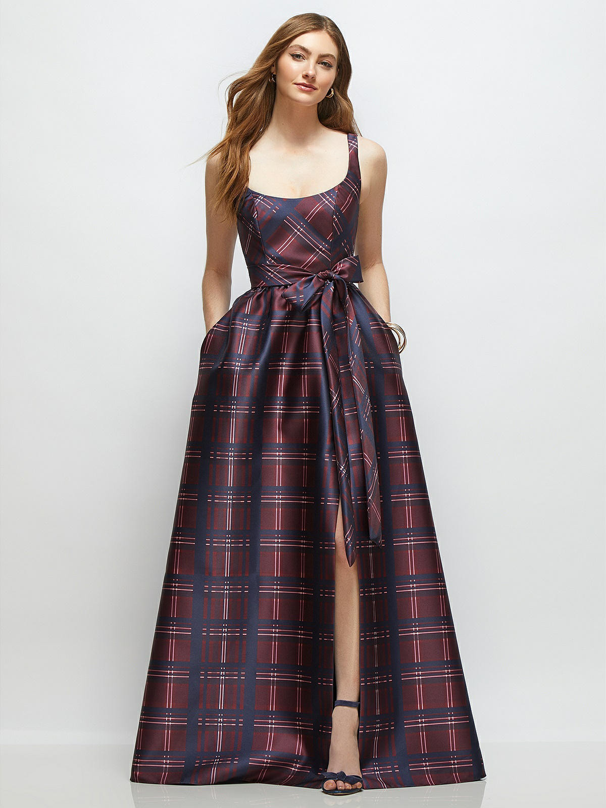 Scoop-Neck Tank Bodice Alba Tartan Satin Maxi Dress with Full Skirt in Cabernet Midnight Tartan | Dessy Group