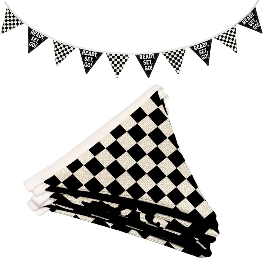 Race Car Room Decor for Boys Canvas Linen Garland Triangle Banners, Black and White Checkered Fla... | Amazon (US)