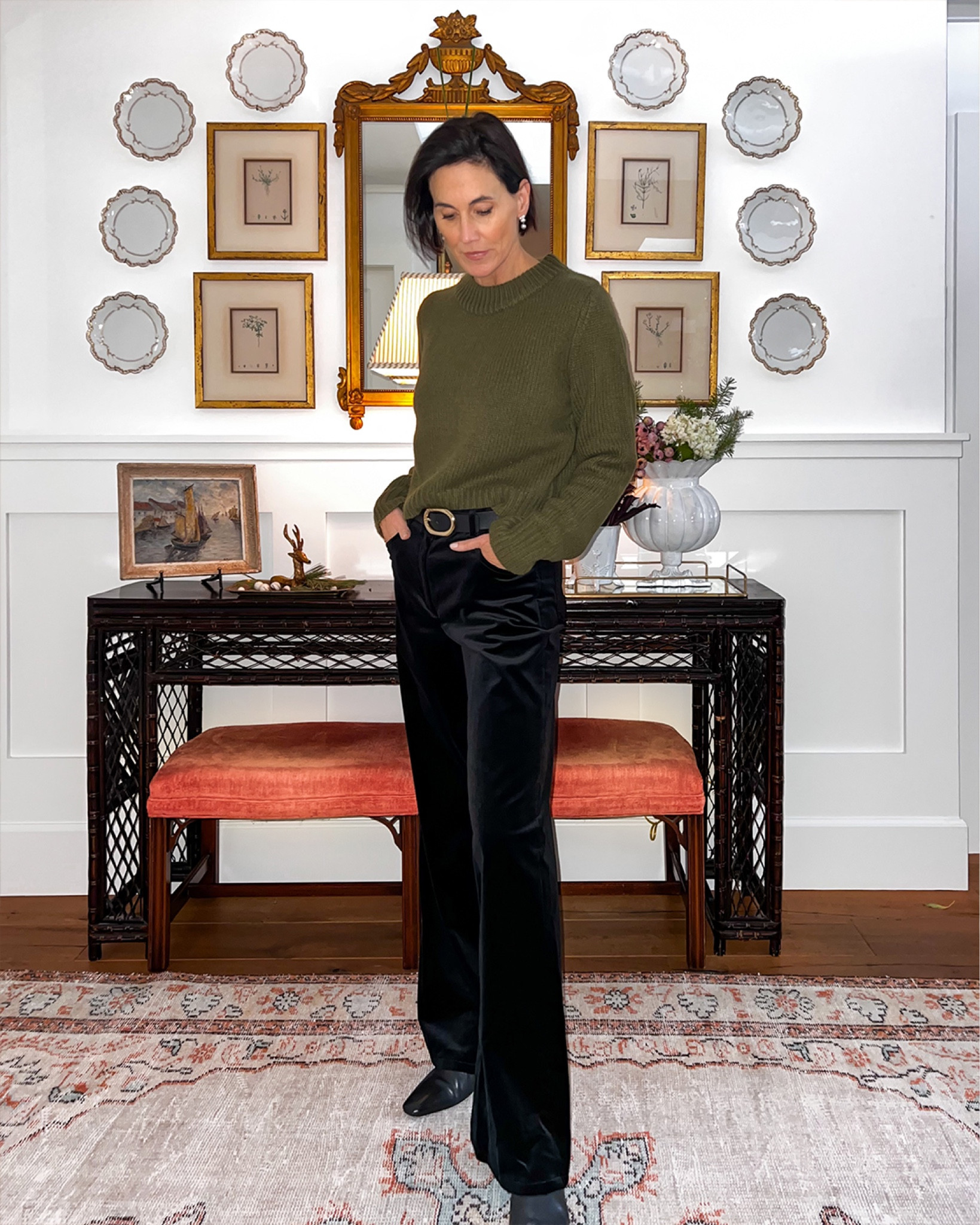 Wearing just a hint of the season in my outfits lately. Gatherings are casual, so I'm comfortable relying on pieces I'd wear on a daily basis. I'm simply introducing them in fresh colors or fabrics that feel more in line with the holidays. A cashmere sweater in pine green for starters. It  pairs nicely with jeans anytime but I've been wearing them with a new favorite pant from Theory...in velvet. The silhouette is similar to a loose jean with an easy fit. I’ve dressed them up with silk blouses or a blazer.. A chunky polished loafer, low heel boot or even an elevated sneaker completes the look.



#LTKHoliday #LTKStyleTip #LTKSeasonal