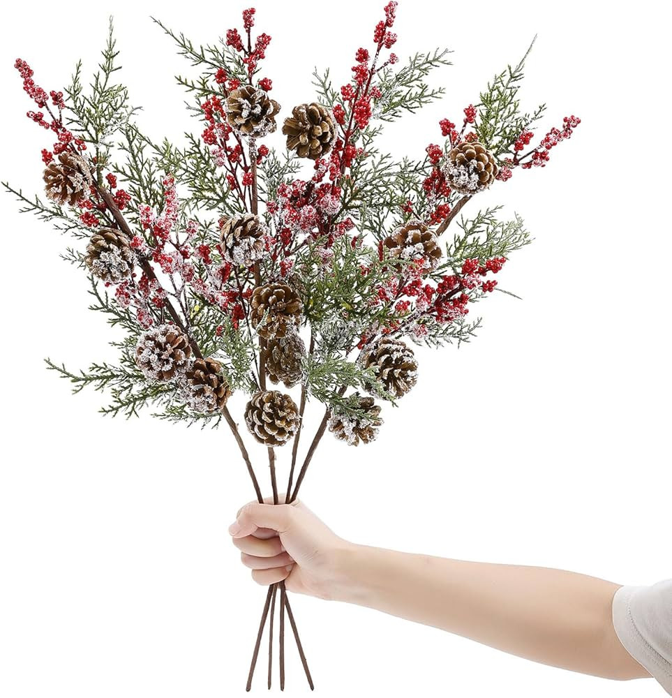 Topotdor Christmas Frosted Red Berries Stems Floral Picks, 23 Inch Artificial Snow Covered Pine B... | Amazon (US)
