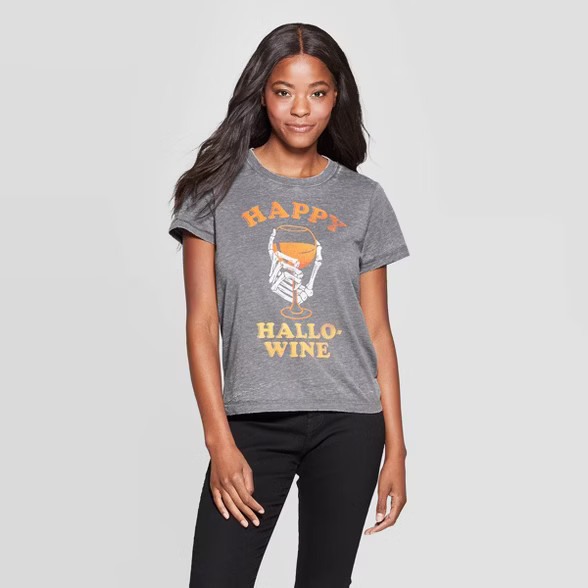 Women's Hallo-Wine Short Sleeve Graphic T-Shirt - Gray | Target