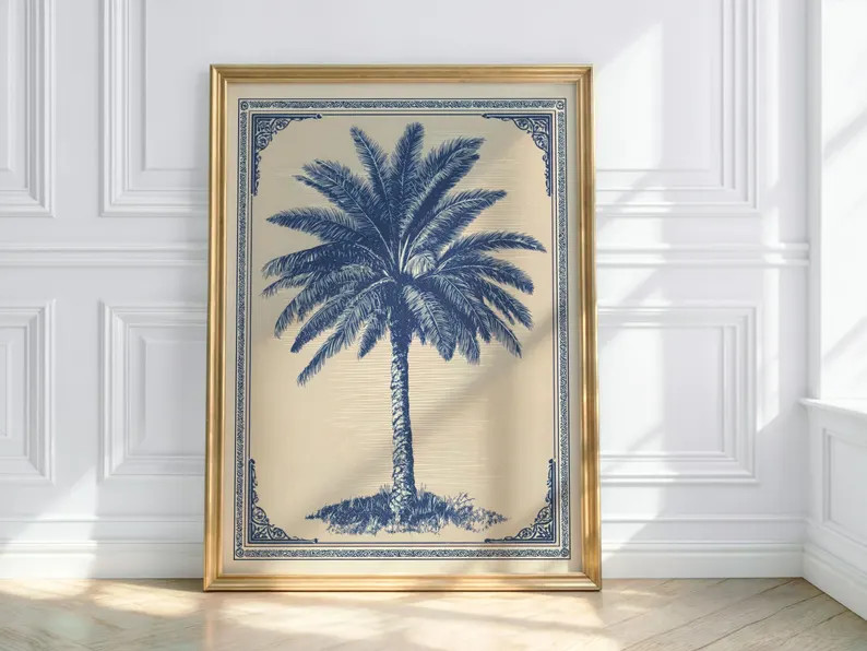 Vintage Blue Palm Tree Print, Traditional Nature Illustration - Etsy | Etsy (Global)