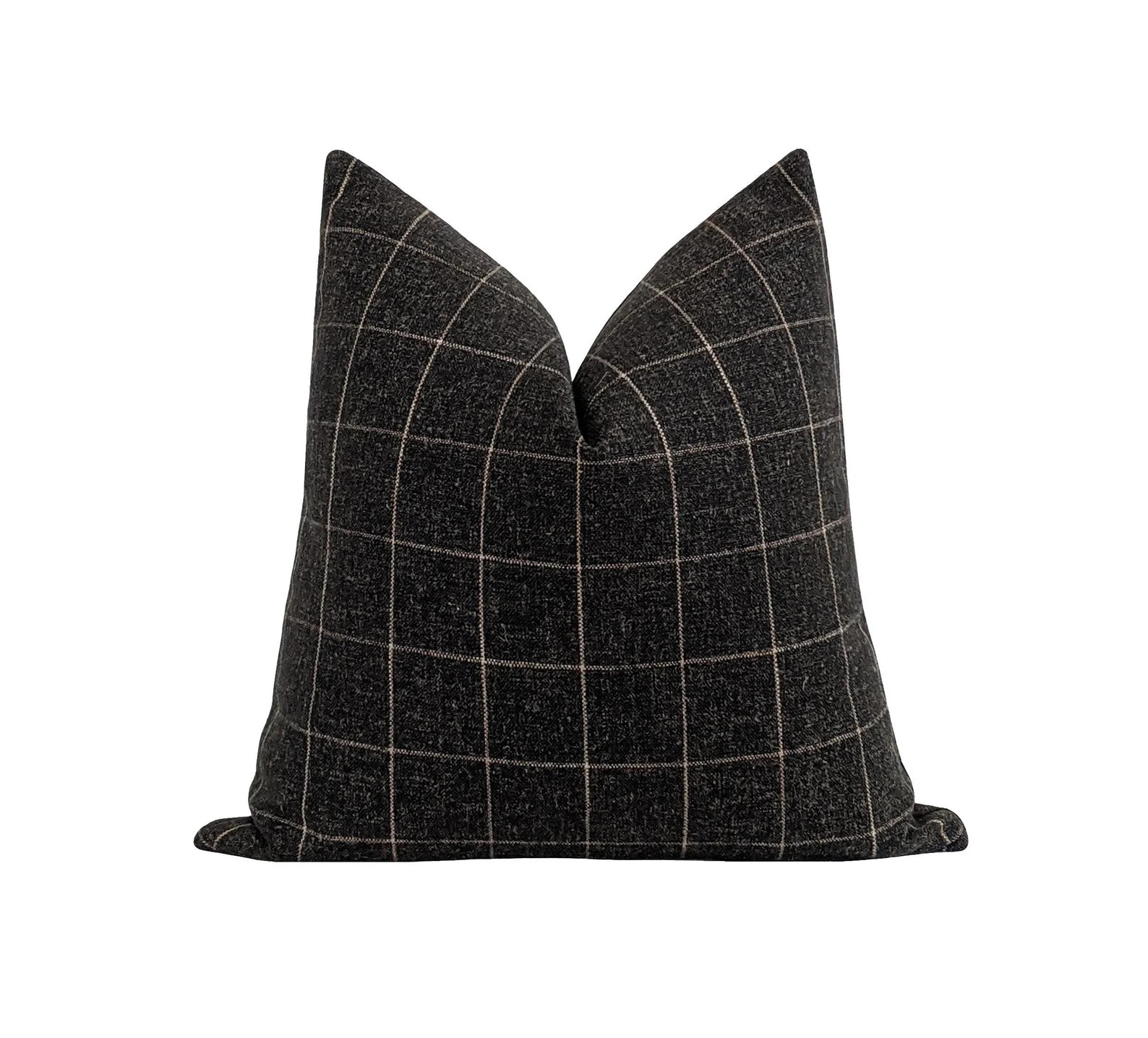 Cozy Woven Plaid Pillow, Charcoal Gray Woven Pillow Cover, Dark Gray Tan Window Pane Pillow Cover... | Etsy (US)