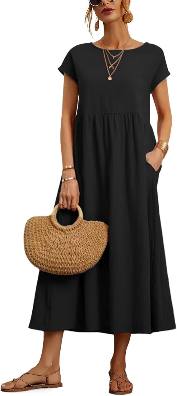 Dresses for Women 2024 Casual Summer Cotton Dress with Pockets Short Sleeve Shirt Midi Long Dress | Amazon (US)