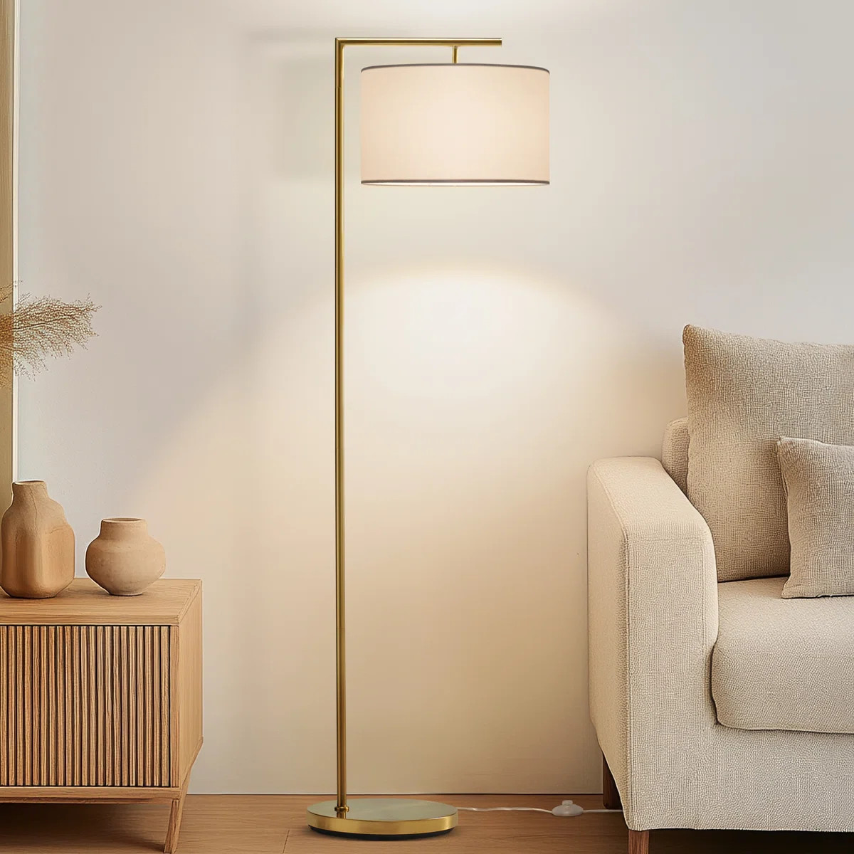 Montage Modern 60" Gold LED Floor Lamp with White Fabric Drum Shade, Bulb Included | Wayfair North America
