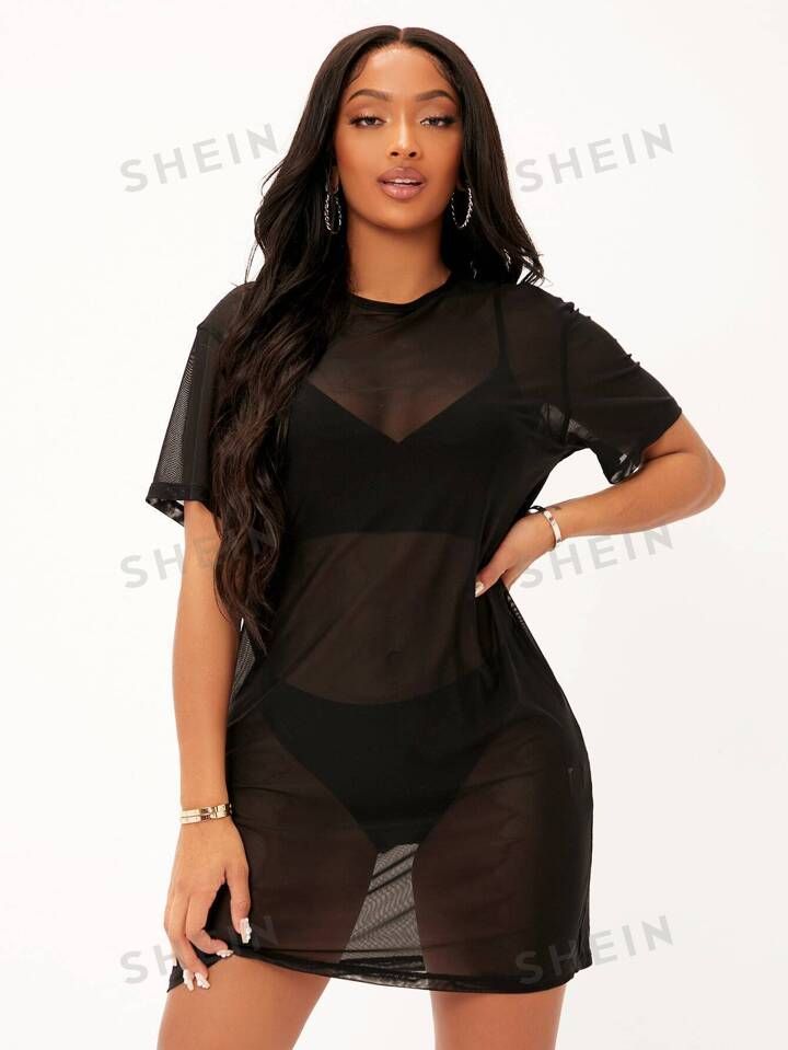 SHEIN SXY Drop Shoulder Sheer Mesh Dress | SHEIN
