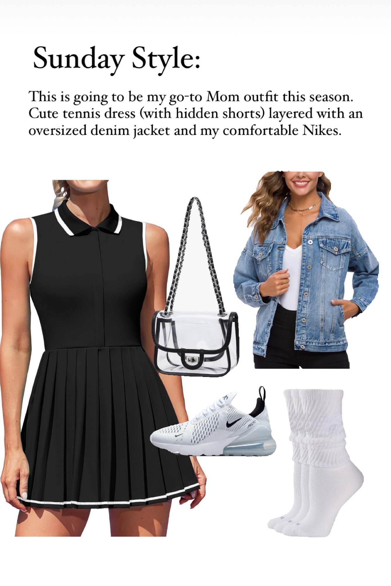 Love this Athleisure look. I think it’s more chic with the collared tennis dress but still cool with the oversized denim jacket. Great outfit from summer to fall. Jacket for the morning and sleeveless for the afternoons. Crossbody purse for hands free! These shoes are so comfortable, I could wear them everyday! 

#LTKTravel #LTKFitness #LTKStyleTip