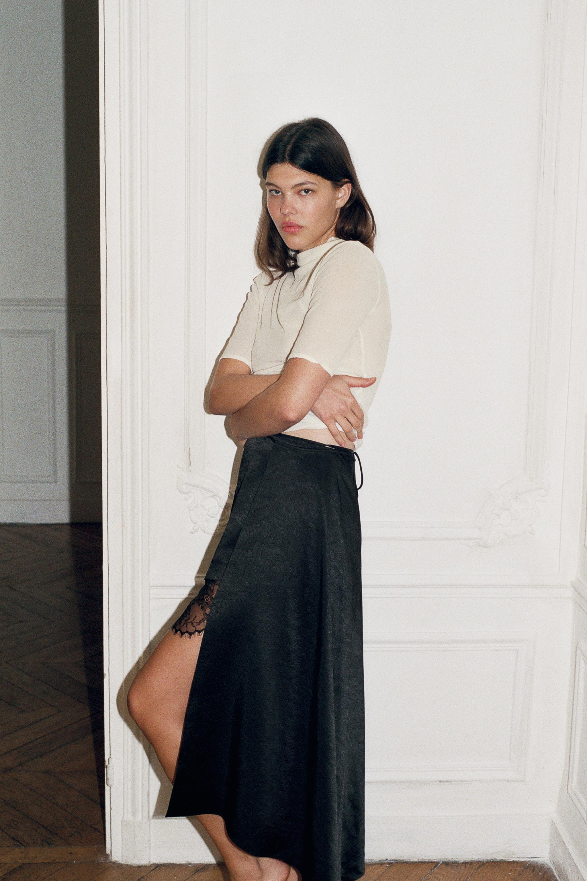 WRINKLED EFFECT LACE MIDI SKIRT | Zara US