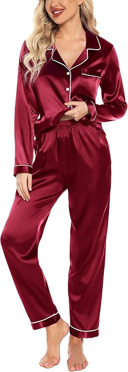 Satin Pajamas Women's Long Sleeve Sleepwear Soft Silk Button Down Loungewear Pjs Sets Nude M at A... | Amazon (US)