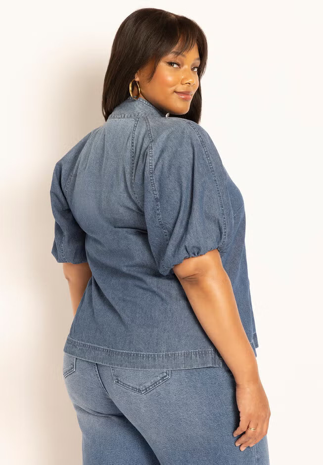Puff Sleeve Chambray Tie Neck Top | Eloquii