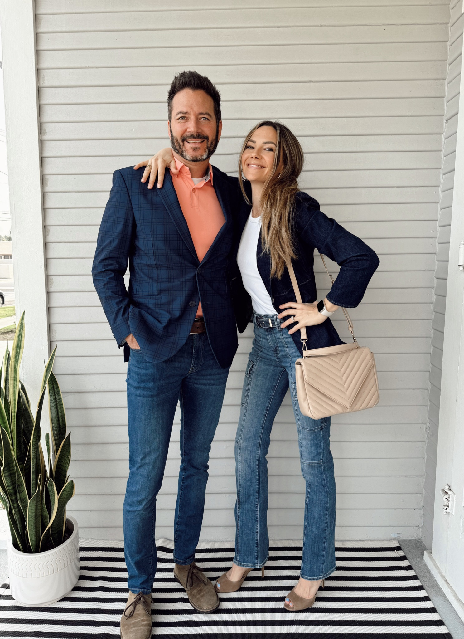 We love styling blazers. They’re so versatile and easy to dress up or down. Falon’s is a denim blue blazer that can totally pass as casual, or throw on some heels to elevate it! Paul’s can easily pass for a suit blazer OR an elevated casual blazer with a pair of jeans. His clothing is from Twillory and not linked in LTK  
#fashionablypaired 

#LTKstyletip #LTKfindsunder100