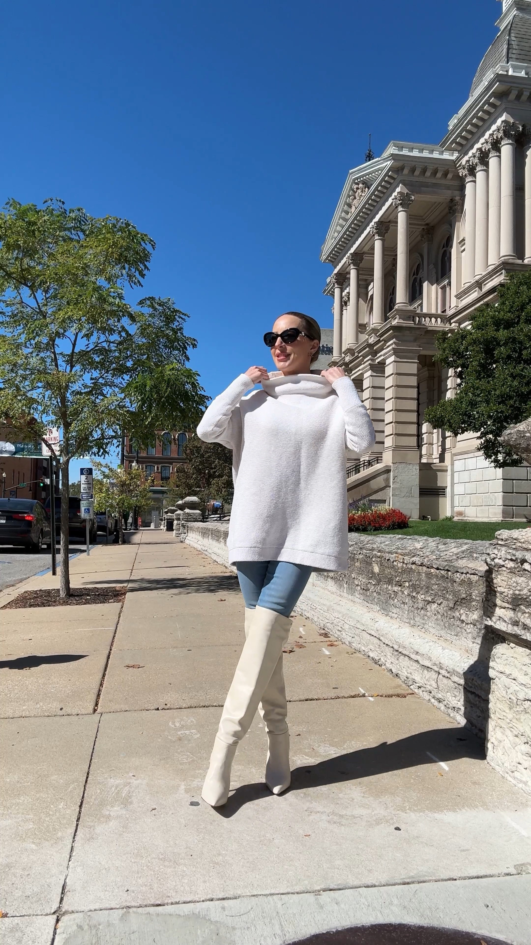 Fall outfit: blue skinny jeans (super stretchy and comfy, I wore them for a 4 hour drive today! Styling with  loose and long funnel neck cream sweater and cream leather over the knee boots with a high heel. 

#LTKStyleTip #LTKShoeCrush #LTKVideo