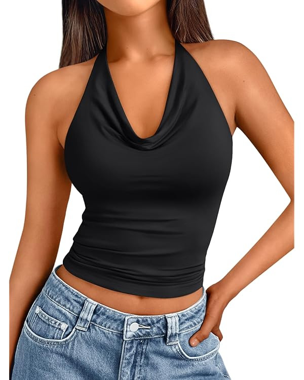 Trendy Queen Halter Tops for Women Going Out Cowl Neck Backless Cute y2k Shirts Summer 2025 Fashi... | Amazon (US)