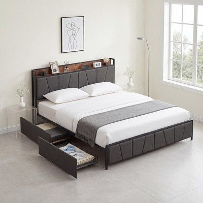 King Upholstered Platform Bed Frame with Storage Headboard & USB/Type-C Charging, 2 Under-Bed Drawers, Heavy Duty Metal Slats, Easy Assembly, Grey | Target