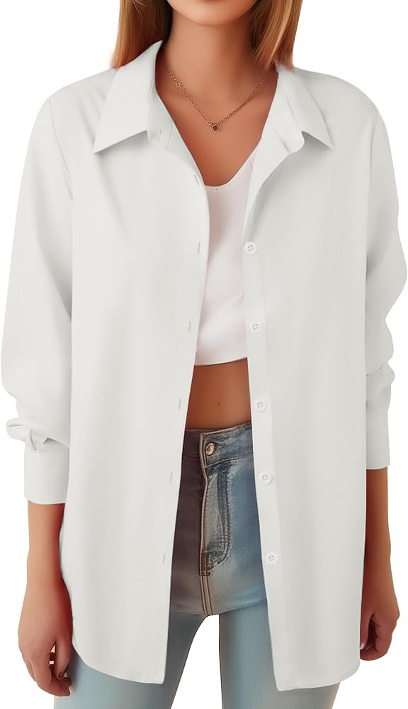 HOTOUCH Button Down Shirt Women Casual Blouse Office Boyfriend Long Sleeve Tops | Amazon (US)