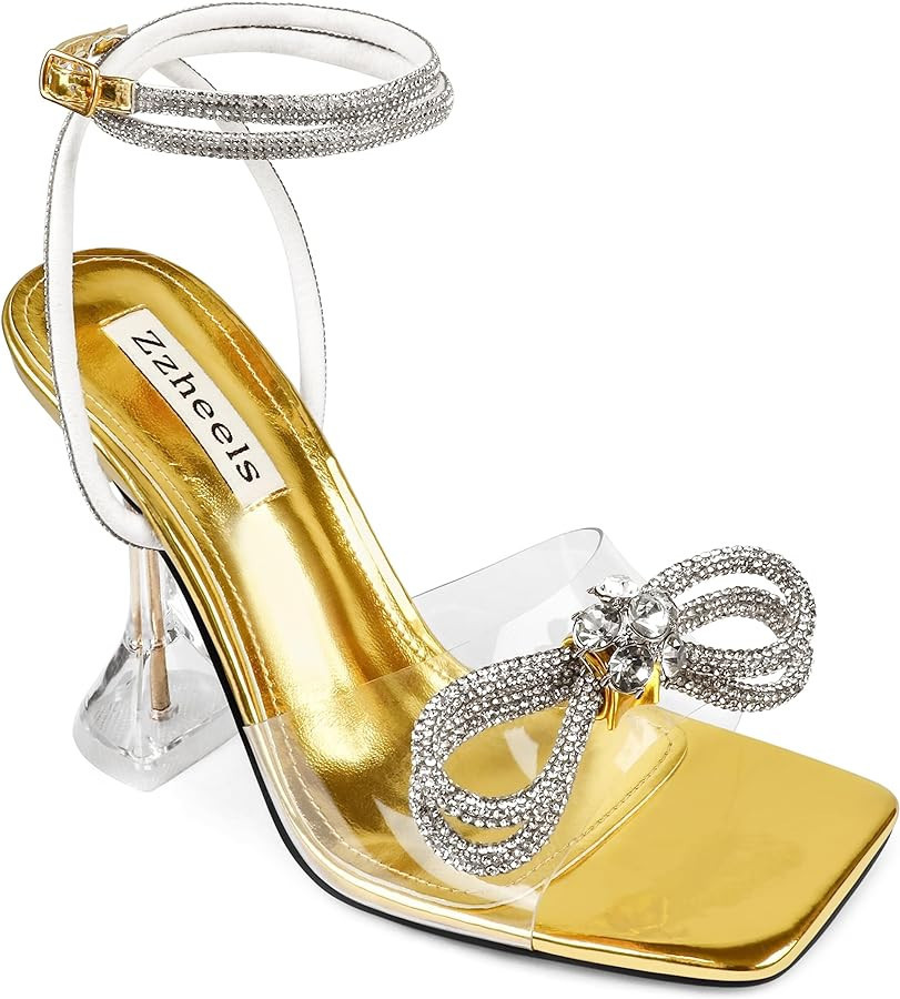 Zzheels Double Bowknots Crystal Sandals Clear Slingback Heels Square Toe Shoes for Party Wedding | Amazon (US)