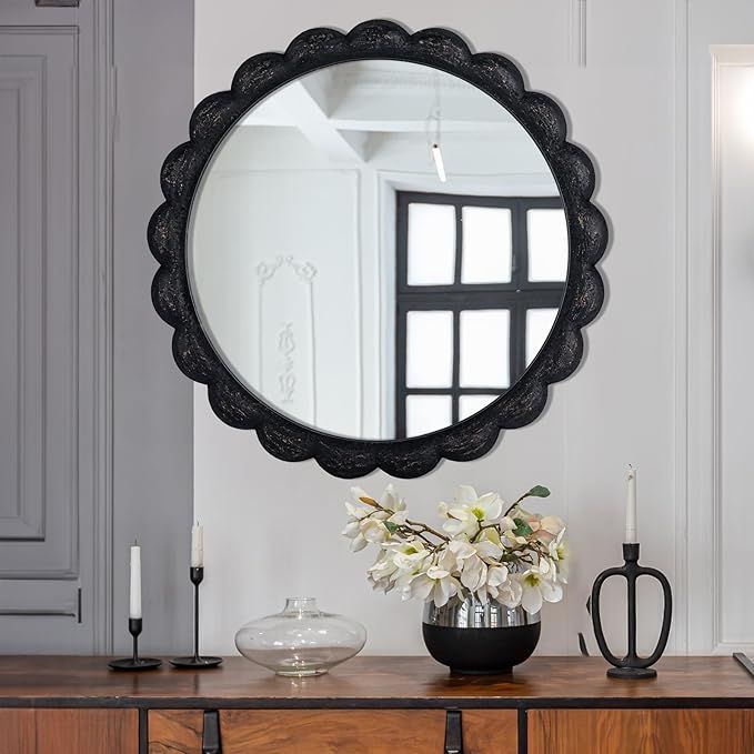 Creative Co-Op Round Scalloped Distressed Wood Wall Mirror, Black | Amazon (US)