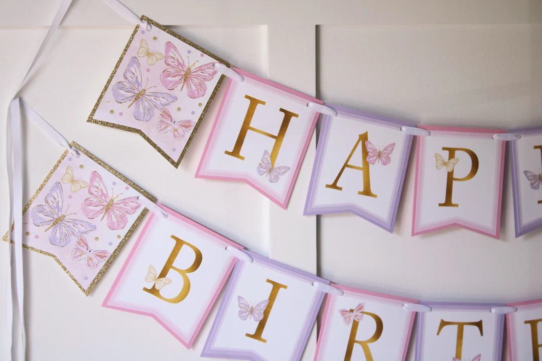 Butterfly Birthday Banner, Butterfly First Birthday Decorations, Happy Birthday Banner, Pink Purp... | Etsy (US)