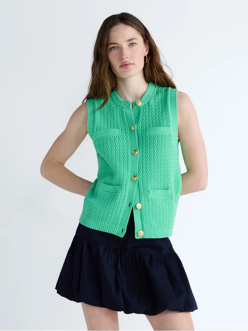 Free Assembly Women's and Women's Plus Button Front Cable Knit Sweater Vest, Lightweight, Sizes X... | Walmart (US)