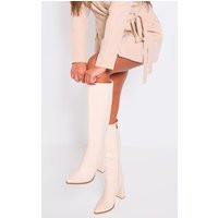 Cream Pu Point Toe Knee High Block Heeled Boots, Cream | PrettyLittleThing IE