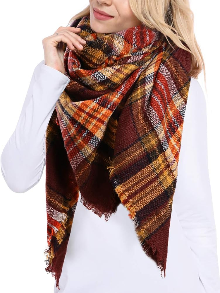 Bess Bridal Women's Plaid Blanket Winter Scarf Warm Cozy Tartan Wrap Oversized Shawl Cape | Amazon (US)
