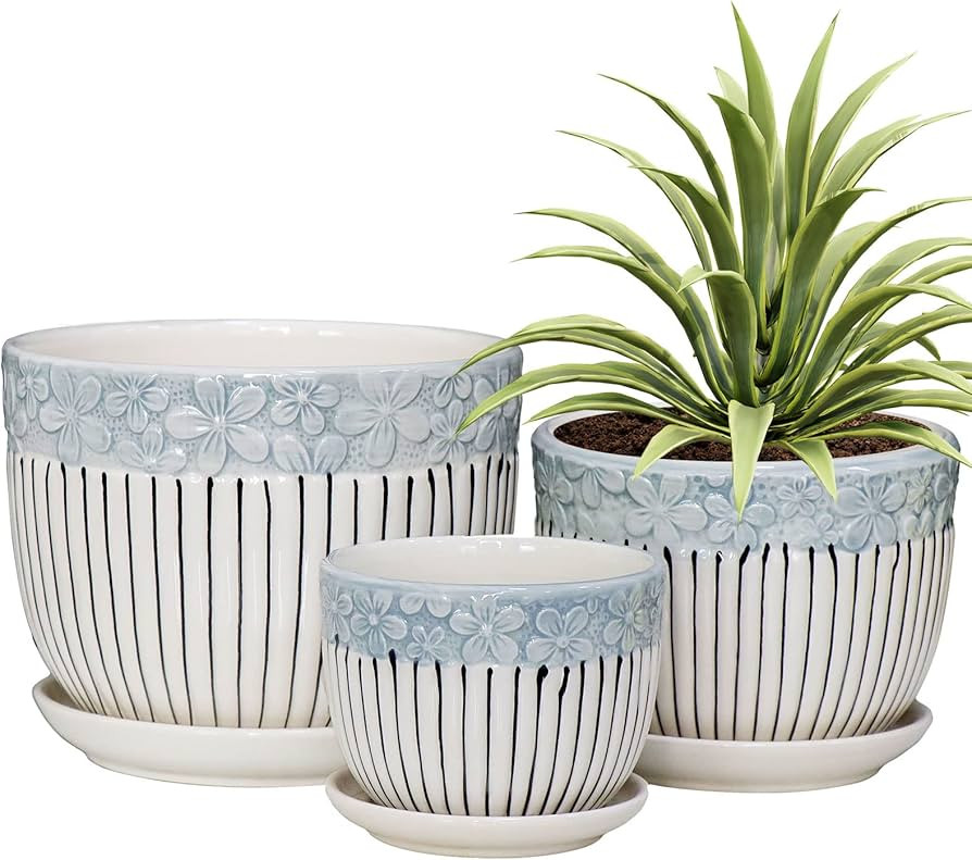 Ton Sin Grey Flower Pots,Texture Planter for Indoor Plants Set of 3 Ceramic Flower Pots with Sauc... | Amazon (US)