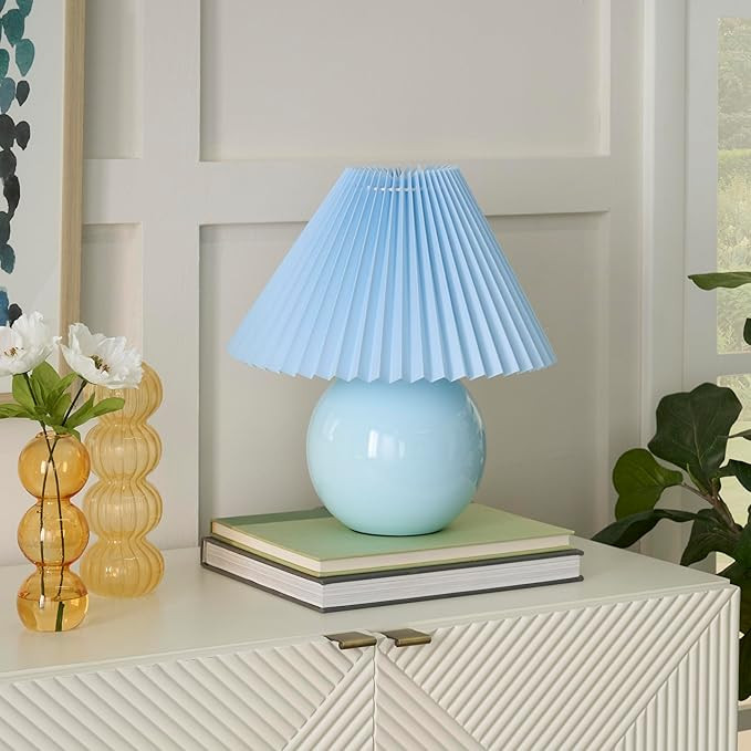 Nourison Home 13" Light Blue Ceramic Round Lamp with Pleated Shade for Bedroom, Living Room, Cons... | Amazon (US)