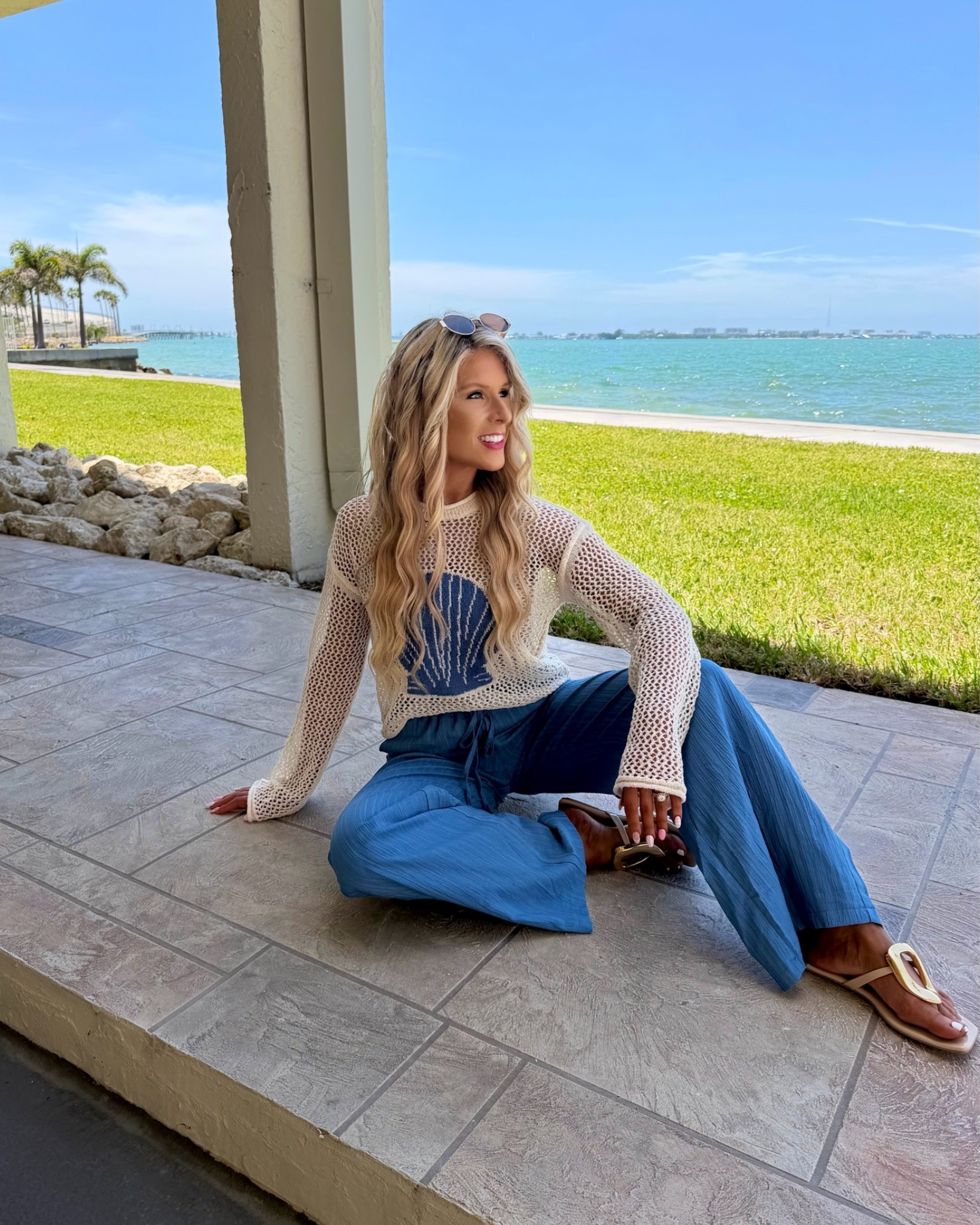 Casual vacation outfit, summer outfit, beach outfit, or boat outfit styled with a crochet top that has a sea shell design + matching blue linen pants that are on SALE! 

Beach coverup, swim coverup, resortwear, resort outfit, palazzo pants

#LTKootd #LTKSwim #LTKTravel