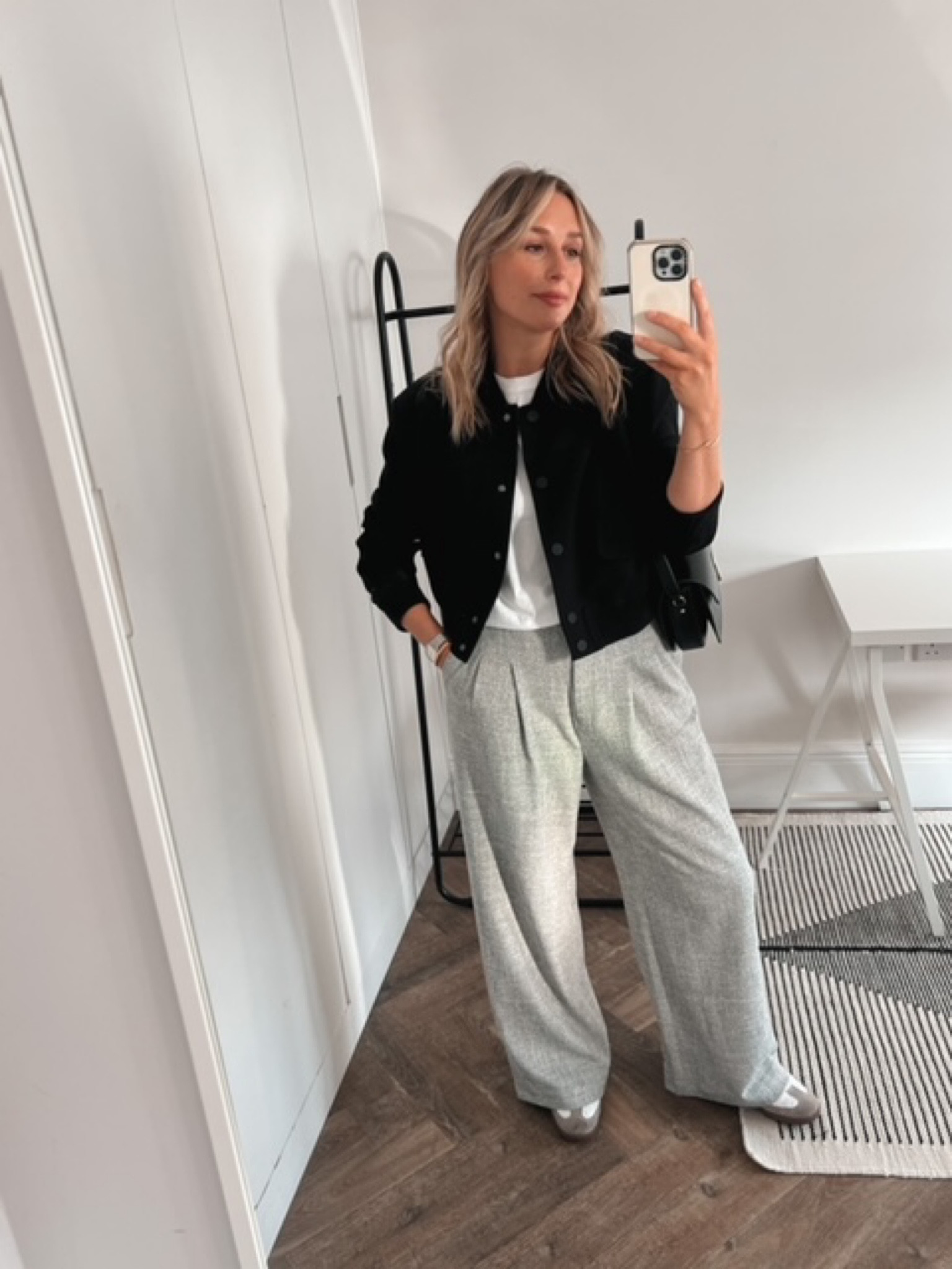 Smart casual outfit, weekend outfit, transitional outfit, white t-shirt, essential tee, black bomber jacket, tailored bomber jacket, wide leg trousers, grey trousers, tailored trousers, sambas, River Island, Sezane, H&M, Adidas, Reformation, COS

#LTKstyletip #LTKSeasonal #LTKeurope