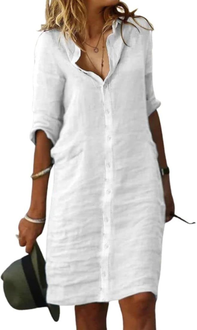 Fronage Women's Casual Cotton Linen Shirt Dress Button Down 1/2 Long Sleeve Lapel V Neck Summer B... | Amazon (US)