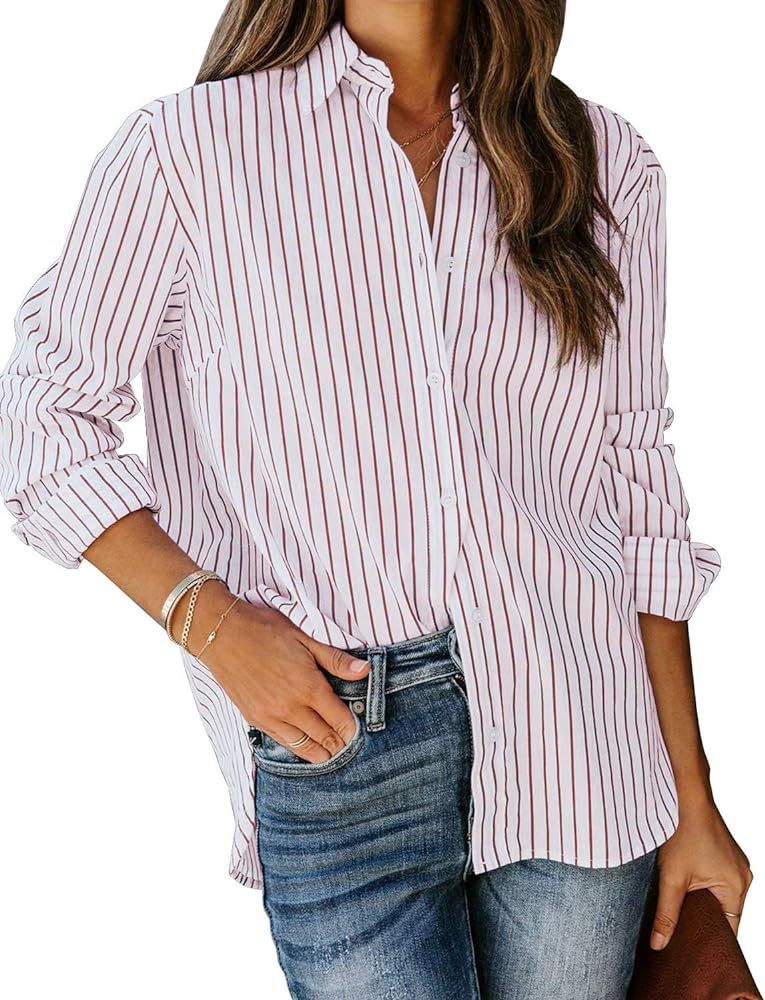 LookbookStore Women's Casual Button Down Striped Shirt Long Sleeve Loose Blouse Tops | Amazon (US)