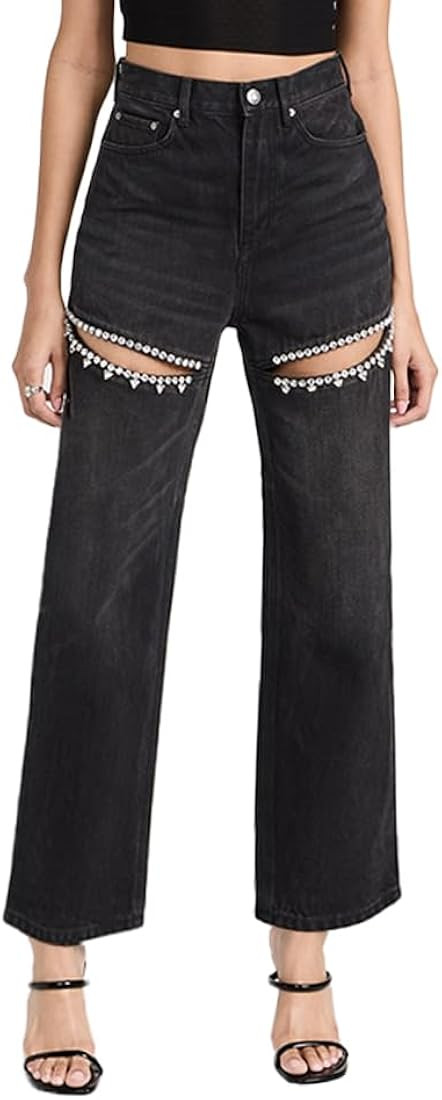 LaurelTree Women's Baggy High Waist Jeans with Rhinestone Studded Cut Outs Ripped Bedazzled Denim... | Amazon (US)