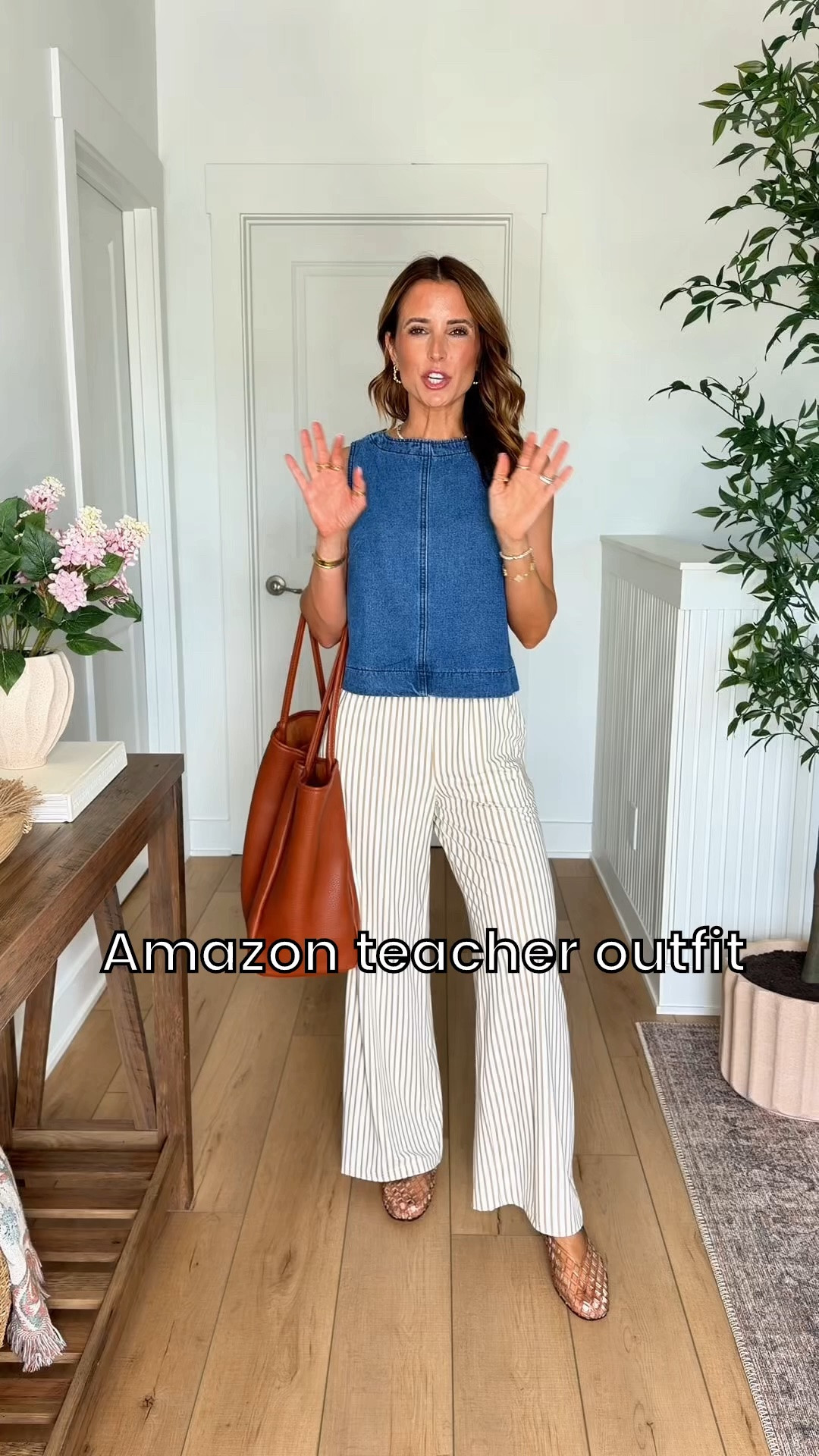 Amazon teacher outfits. Business casual outfits. Amazon workwear. Fall outfits. Fall style. Mom outfits. Casual Friday outfit. Elevated casual outfit. Jelly flats are whole sizes only. I’m a 6.5 and sized down to a 6 based on reviews. XS in striped pants and denim tank top. Top runs big on me a smidge under arms - I’m linking a tank top I have that would be perfect to wear underneath it if you are on the shorter side and run into this problem. 

#LTKootd #LTKWorkwear #LTKgrwm