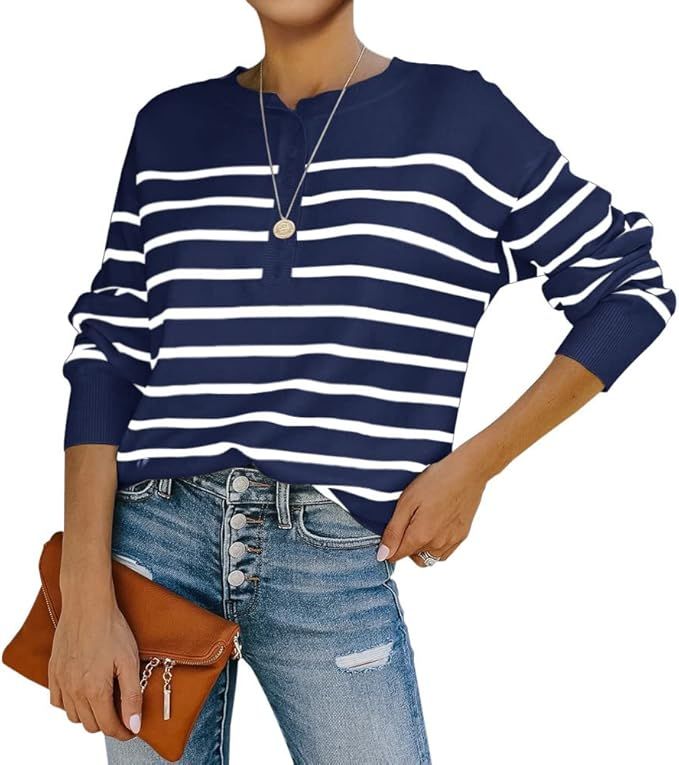 Womens Striped Henley Sweaters Soft Lightweight Long Sleeve Crew Neck Loose Fit Knit Pullover Top... | Amazon (US)