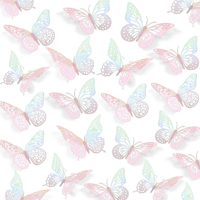 SAOROPEB 3D Wall Decor - 48 Pcs, 4 Styles, 3 Sizes - Laser Pink Butterfly Decorations for Birthda... | Amazon (US)