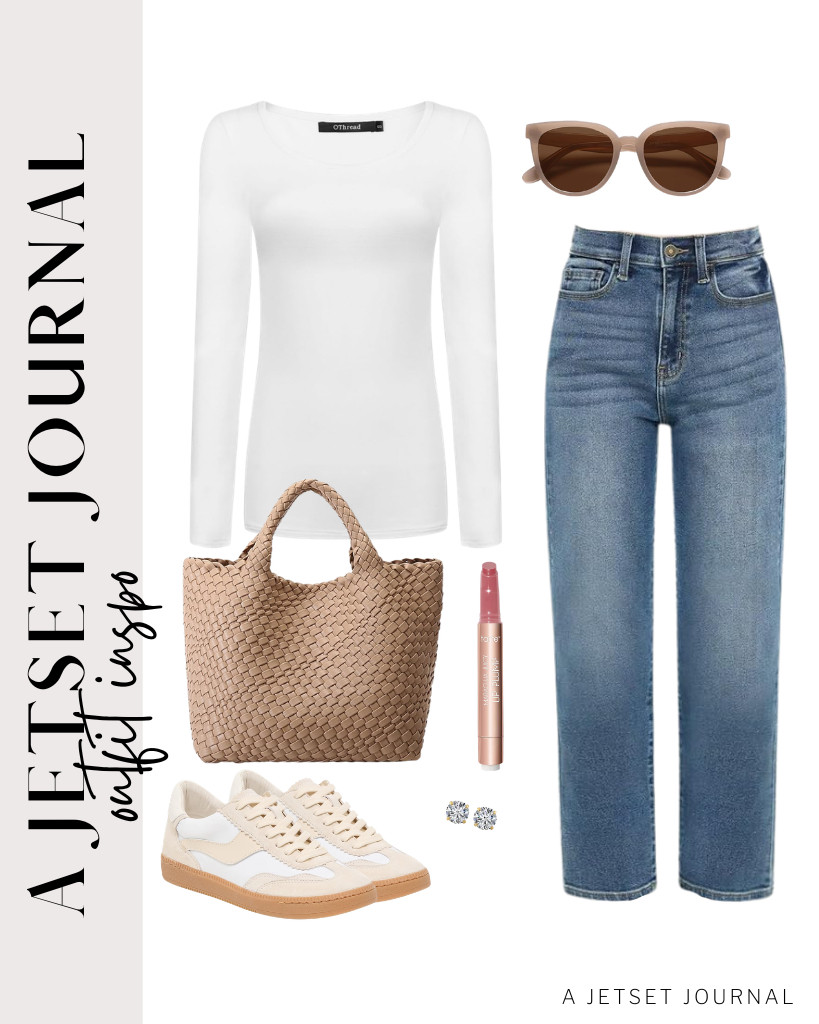 A white OThread & Co. long-sleeve tee paired with cropped straight-leg jeans from KDF is our first outfit in this collection. I’ve found these Dolce Vita Notice sneakers and a stylish handbag, which are perfect for this look. Wear these stud earrings before heading out. 

 #LTKSeasonal #LTKSaleAlert #LTKTravel