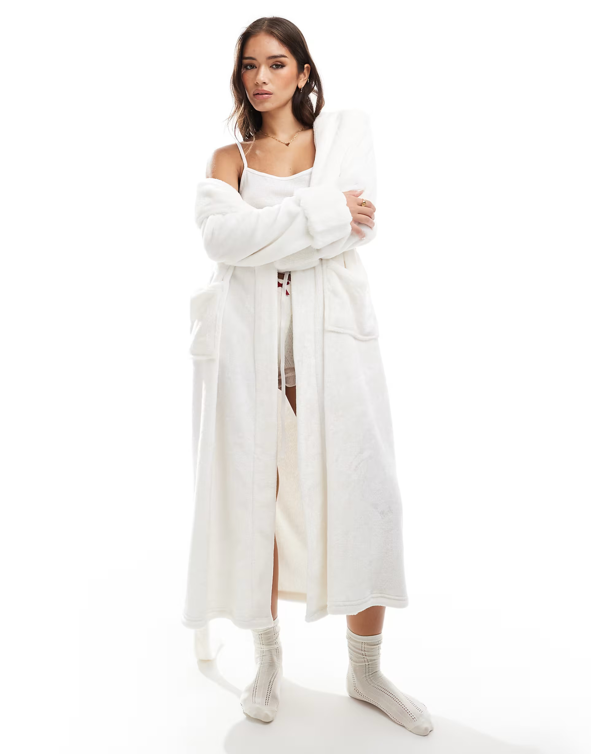 Boux Avenue fur trim plush long robe in beige | ASOS | ASOS (Global)