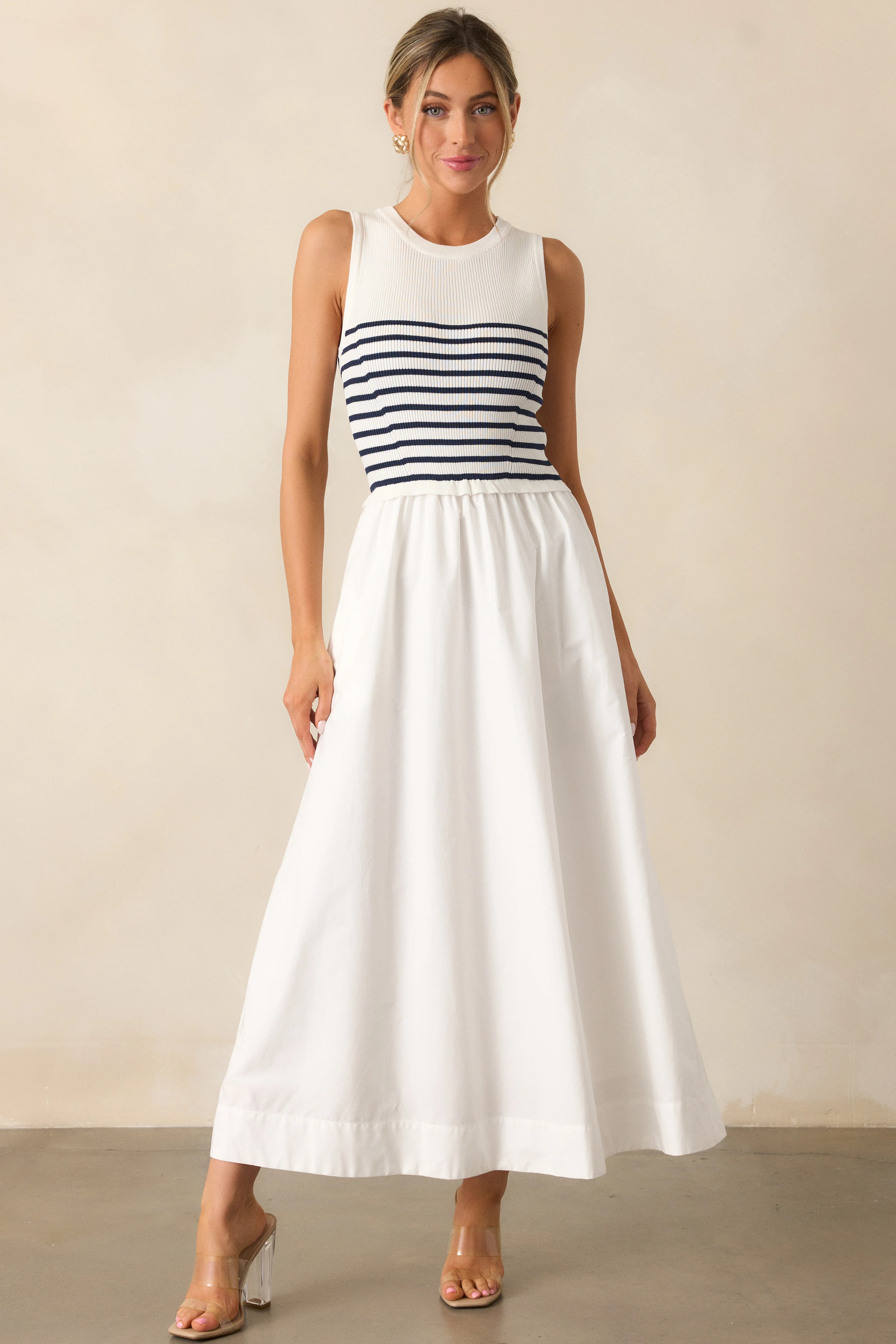 Picnic Weather White Stripe Sleeveless Maxi Dress | Red Dress