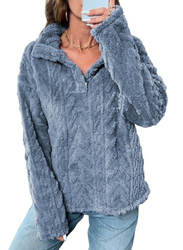 BLENCOT Womens Casual Fall Warm Button Down Collar Sherpa Pullover Sweatshirts Jacket Pockets Fuzzy Fleece Plaid Cable Textured Fluffy Sweatshirt Tops Blue L | Amazon (US)