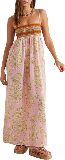 Women Cute Spaghetti Strap Dress Boho Graffiti Patterned Long Flowy Sundress Aline Beach Vacation... | Amazon (US)